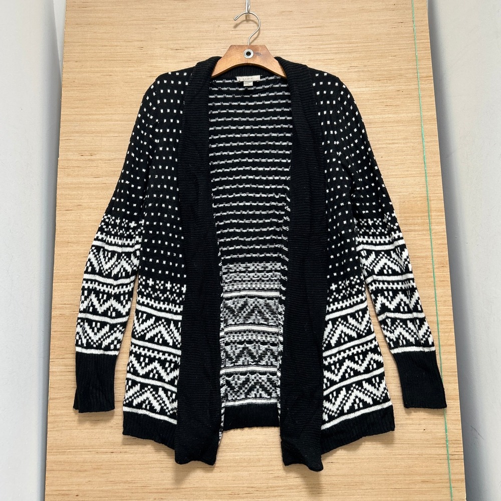 Loft Outlet Black White Geometric Fair Isle Open Front Cardigan Sweater Medium